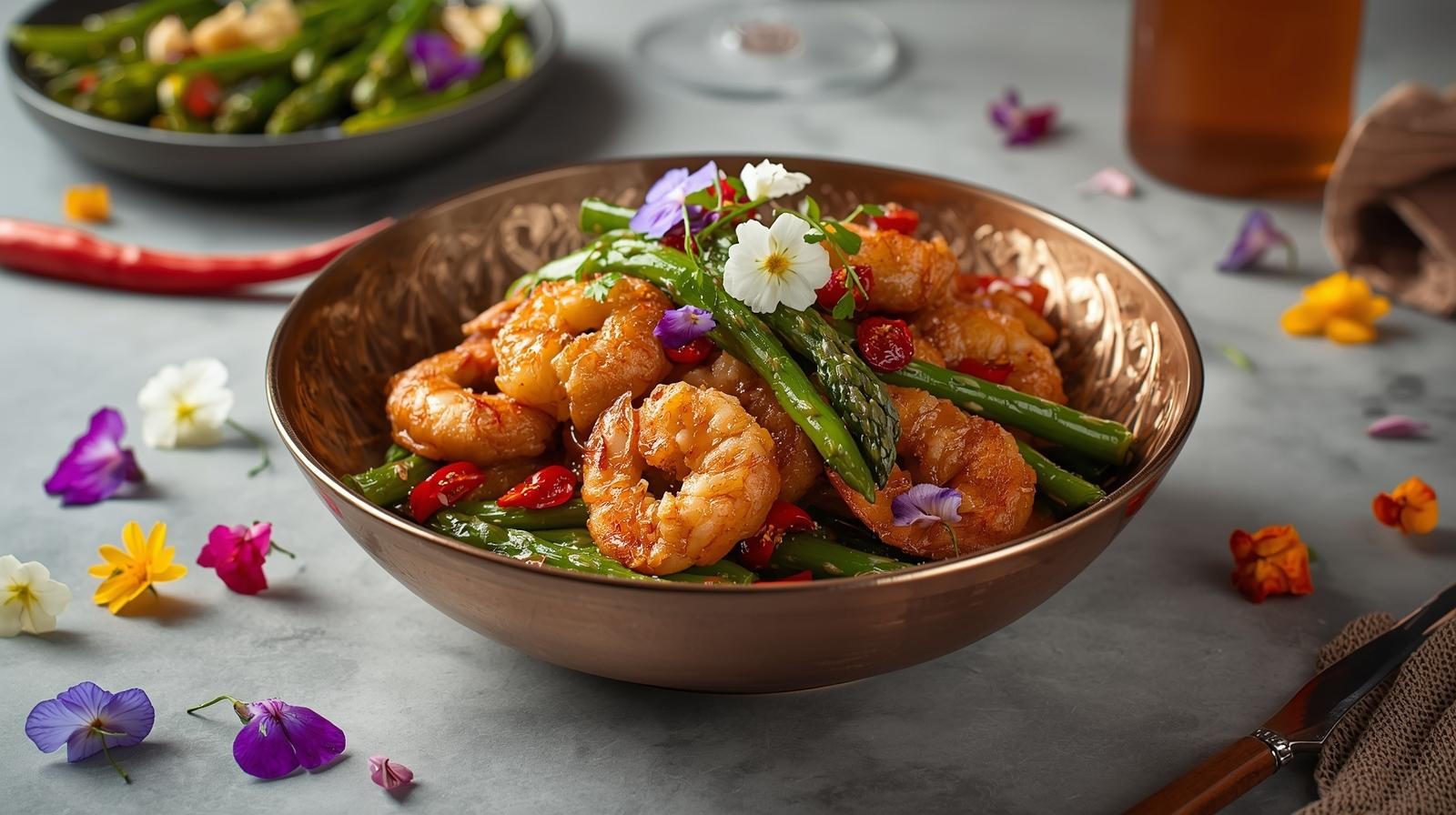 Gebratene Garnelen an grünem Spargel