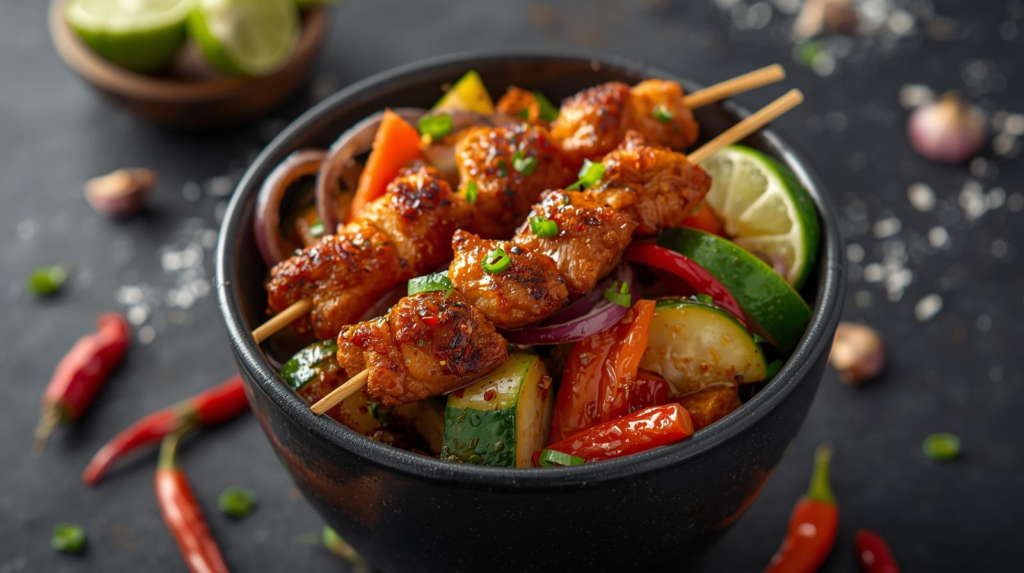 Hähnchen Spieße Chili Limette an buntem Gemüse